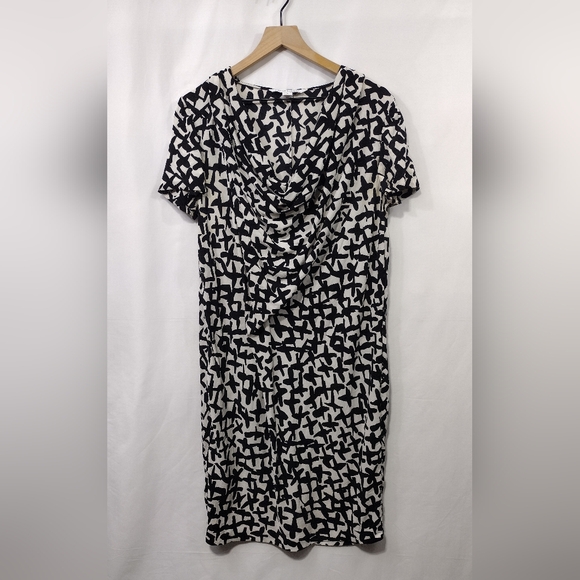Diane von Furstenberg 100% Silk Cowl Neck Shift Dress Women's 10 White Black